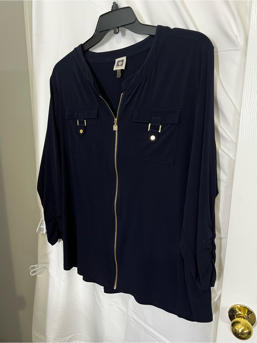 Anne Klein Navy Zip-Front Button-Down Shirt with Gold Accents